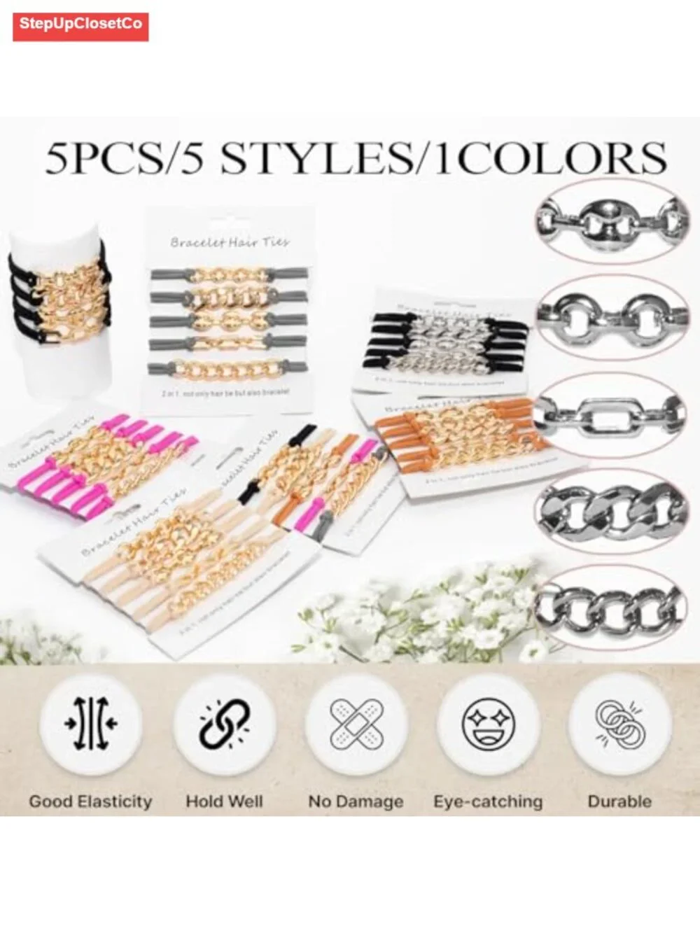 5 Pack Gold and Silver Bracelet Hair Ties for Women Ponytail Holders with Charms